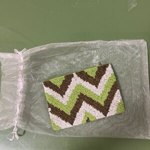 NWOT Beaded Pouch in Zig Zag Design with Top Zipper. 
Green,Metallic Gold, White